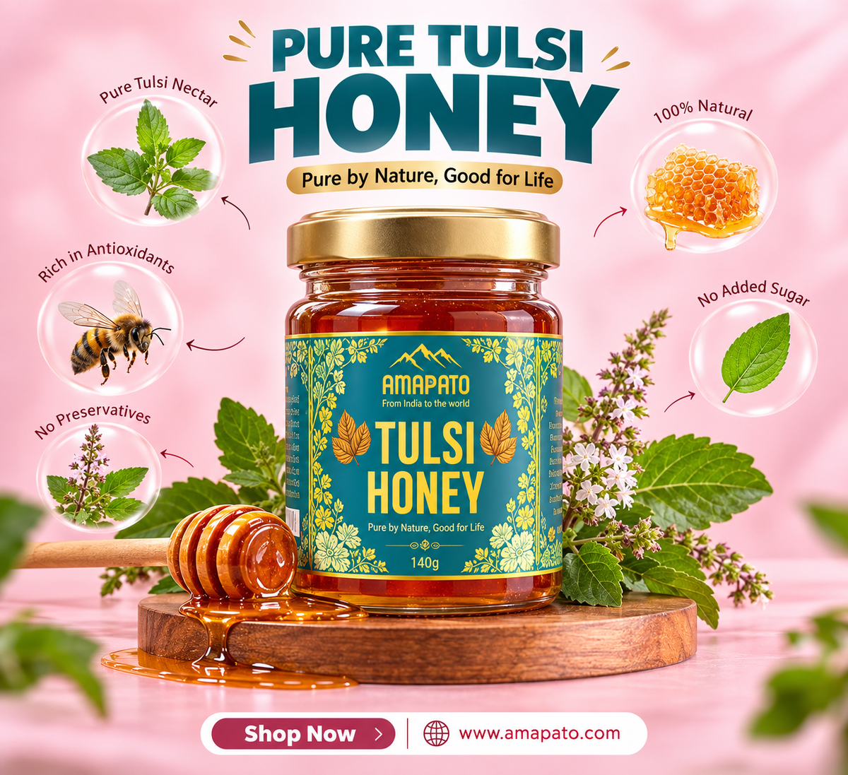 Amapato Tulsi Honey 140g (100% Pure Raw Honey, No Added Sugar)