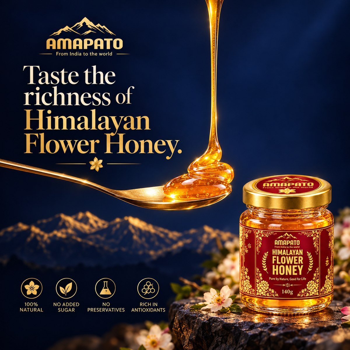 Amapato Himalayan Flower Honey 140g (100% Natural, No Added Sugar, No Preservatives)