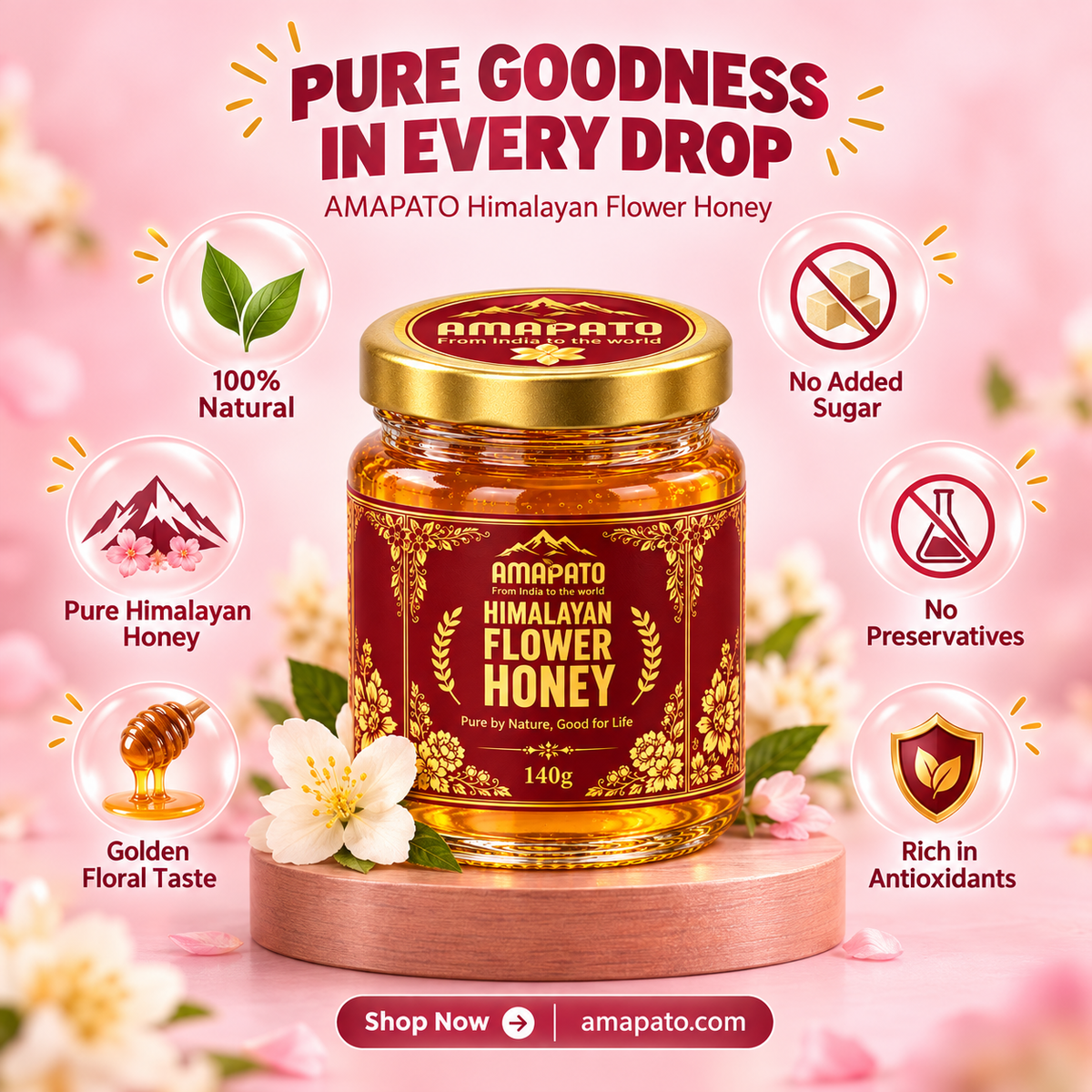 Amapato Himalayan Flower Honey 140g (100% Natural, No Added Sugar, No Preservatives)