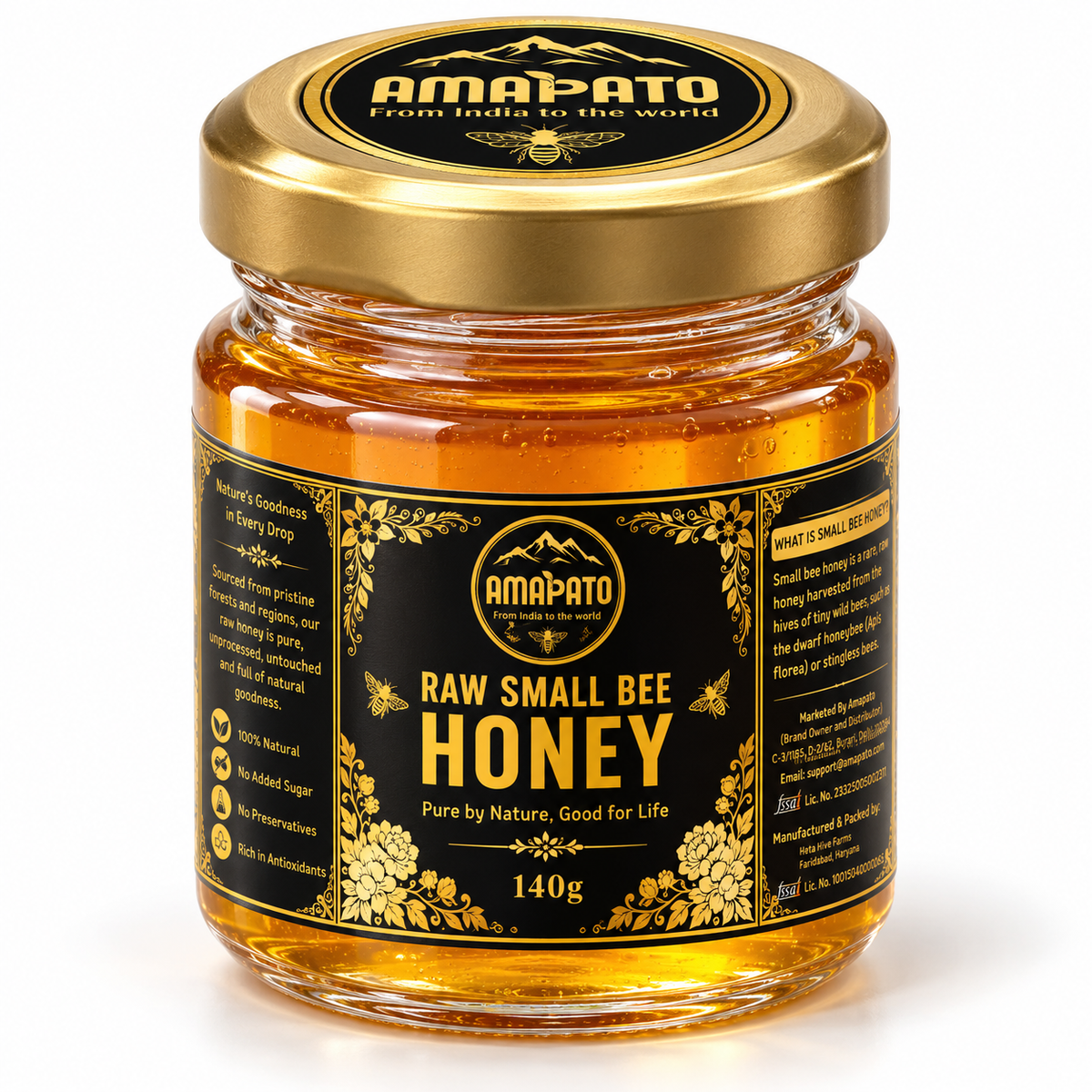 Amapato Raw Small Bee Honey, 140g (100% Pure Raw Honey, No Added Sugar)