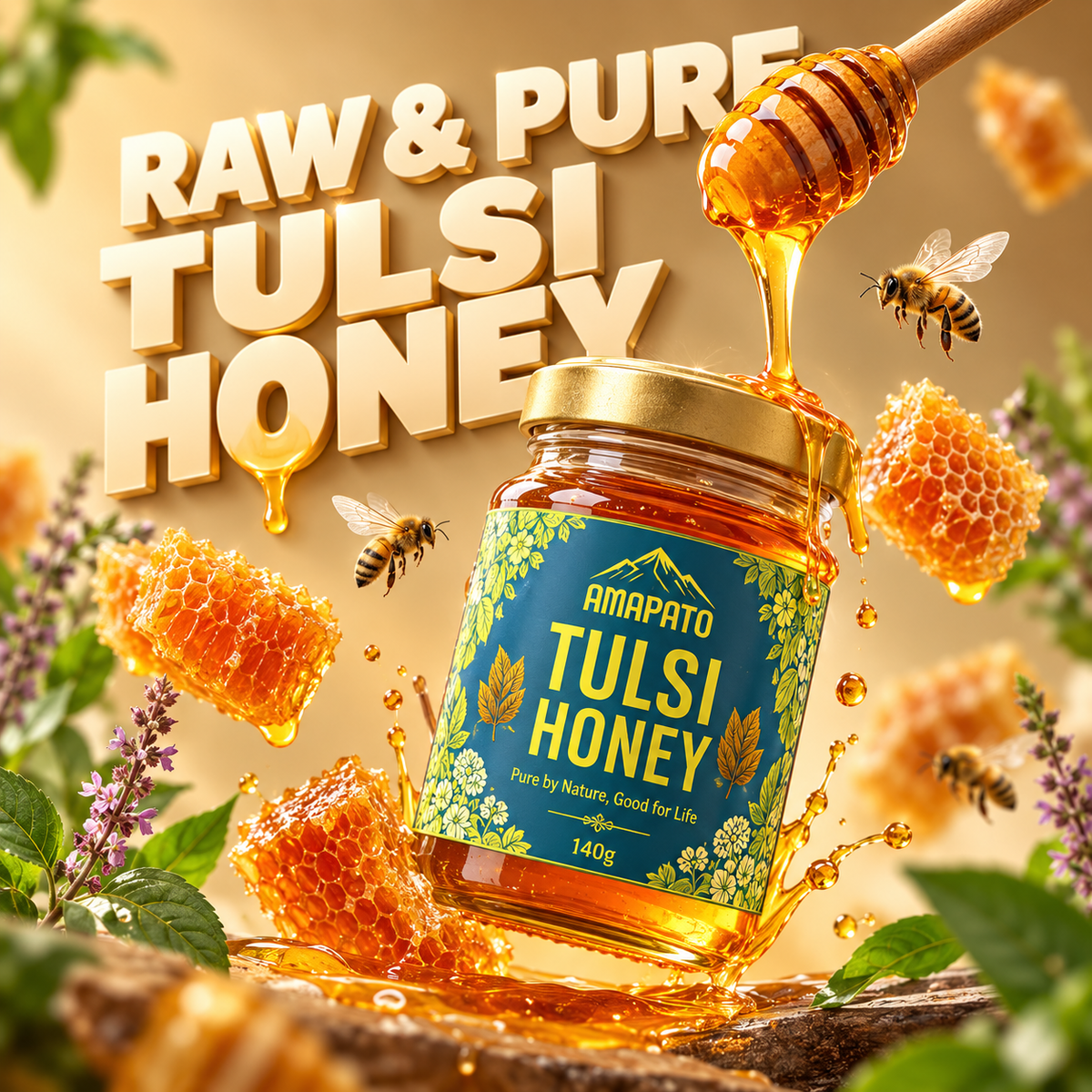 Amapato Tulsi Honey 140g (100% Pure Raw Honey, No Added Sugar)