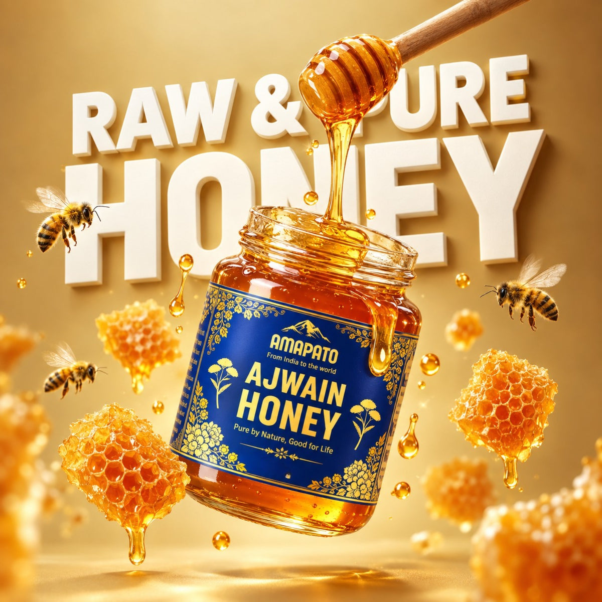 Amapato Pure Ajwain Honey, 650g (100% Natural, No Added Sugar, No Preservatives)