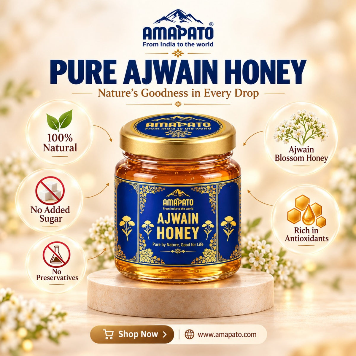 Amapato Pure Ajwain Honey, 40g (100% Natural, No Added Sugar, No Preservatives)