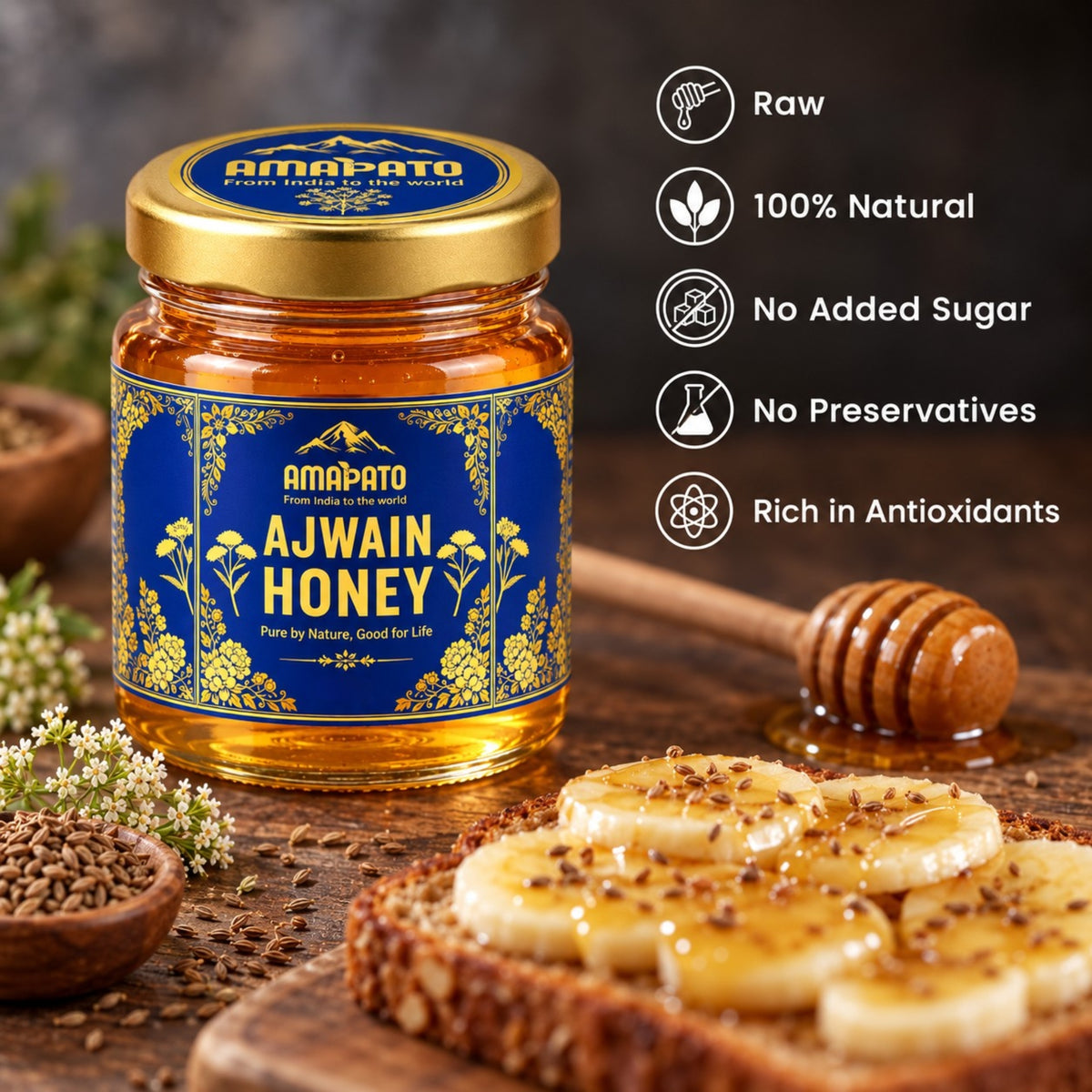 Amapato Pure Ajwain Honey, 40g (100% Natural, No Added Sugar, No Preservatives)