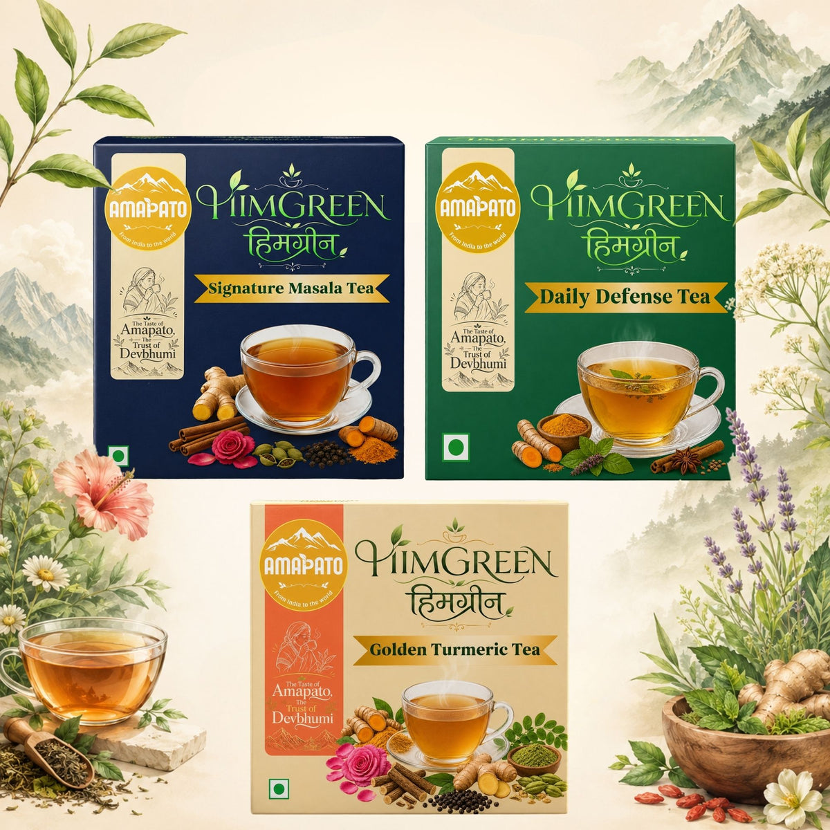 AMAPATO Tea Combo | Signature Masala, Daily Defence & Golden Turmeric | Assorted Black, Green, Herbal Tea Bags | Pack of 3 (30 Tea Bags, 45g)