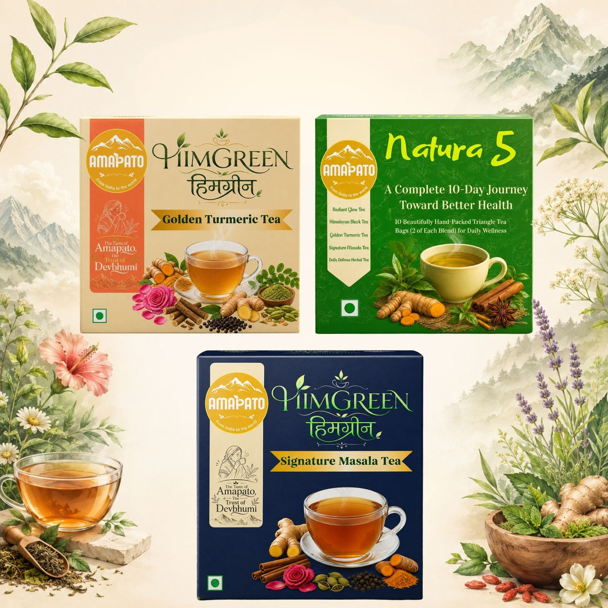 AMAPATO Tea Combo | Signature Masala, Golden Turmeric & Natura 5 | Assorted Black, Herbal Tea Bags | Pack of 3 (30 Tea Bags, 50g)