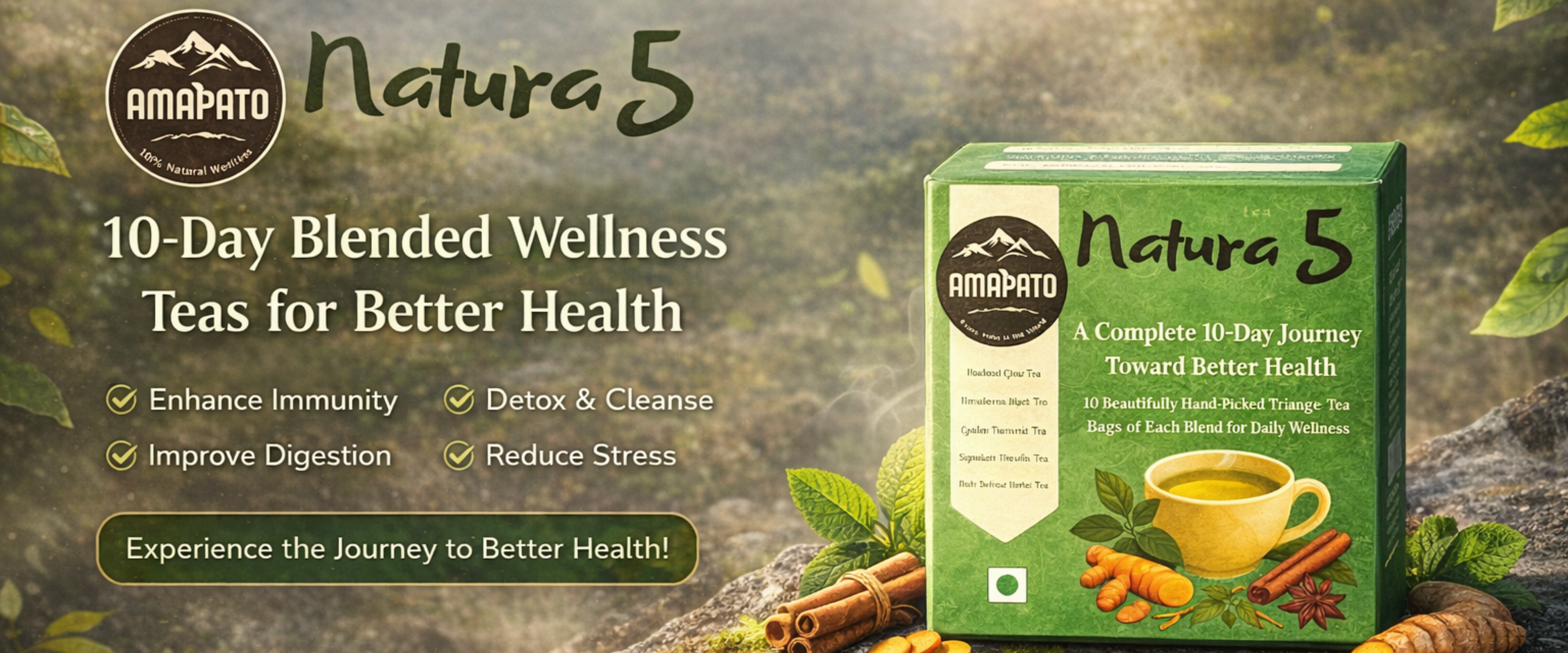 Box of Amapato Natura 5 Herbal Tea in the hilly area 