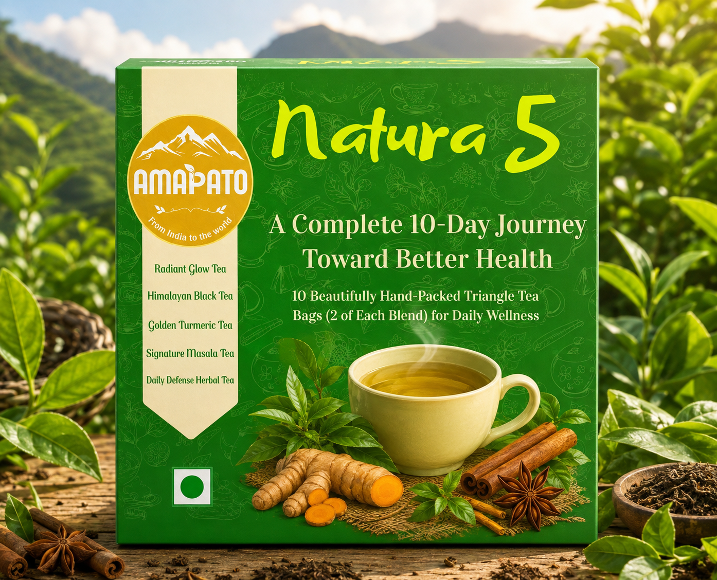 Natura 5 Premium Wellness Tea Collection – 5 Signature Tea Blends | 10 Pyramid Tea Bags | Complete 10-Day Herbal Wellness Journey