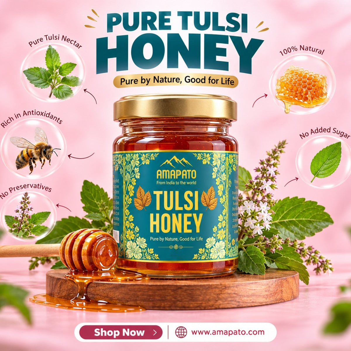 Amapato Tulsi Honey 650g (100% Pure Raw Honey, No Added Sugar)
