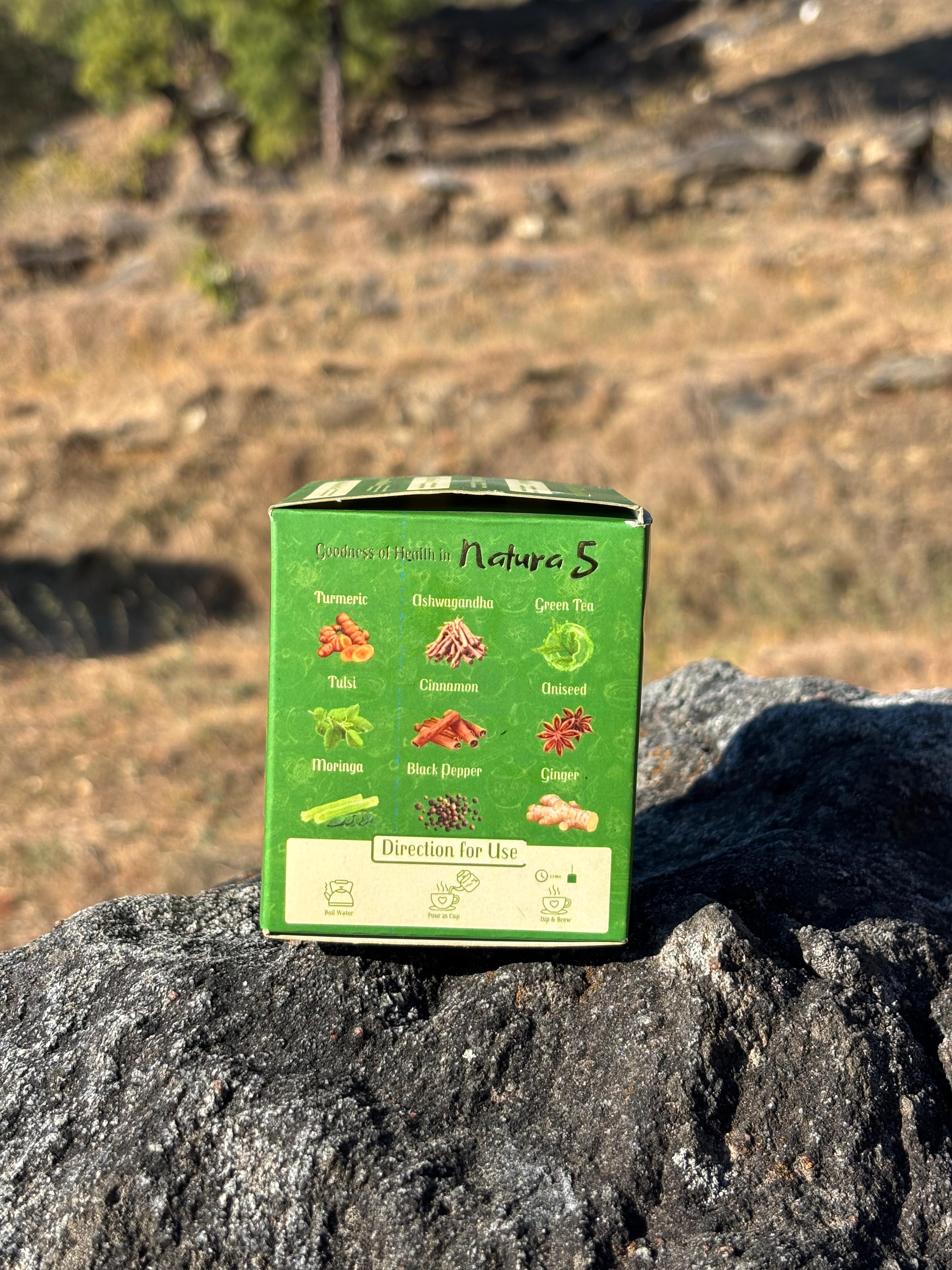 Amapato Natura 5 Herbal Wellness Tea, 10-Day Journey Pack with Turmeric, Ashwagandha, Green Tea, Tulsi, Cinnamon, Ginger, Moringa, Black Pepper, 10 Tea Bags